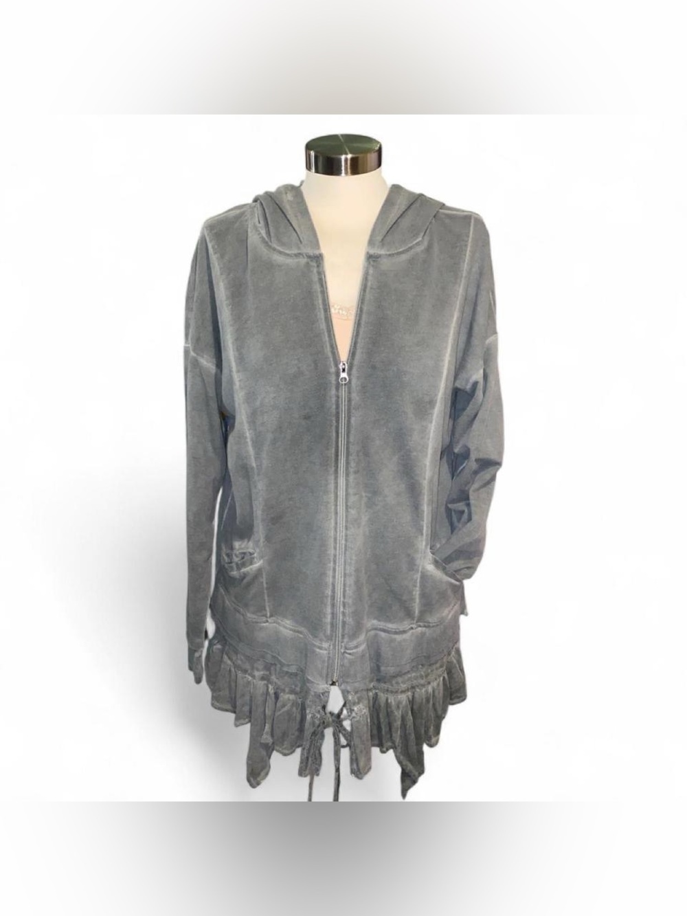 EARTHBOUND Olive Zip-Up Hooded Sweatshirt with Ruffle Fairy Hem